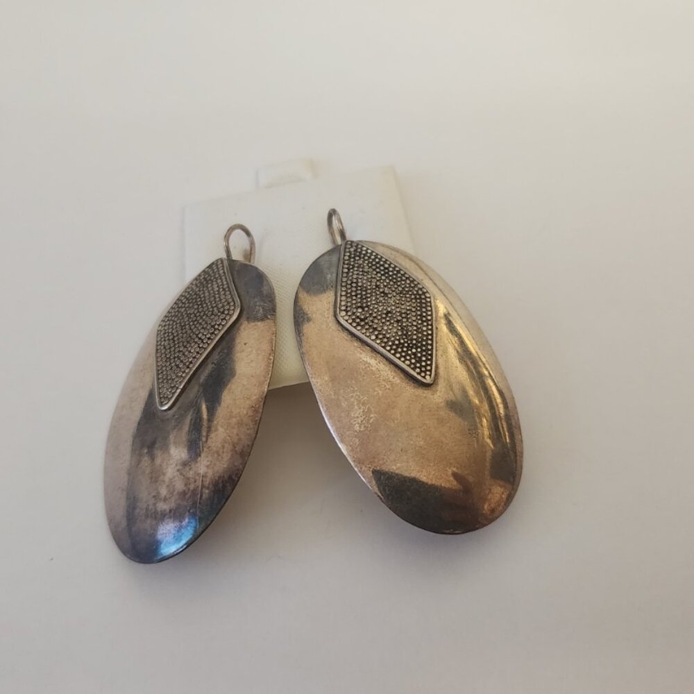 Pair of large oval Earrings 925 Silver with a dotted rhombus design 5 x 3 CMS